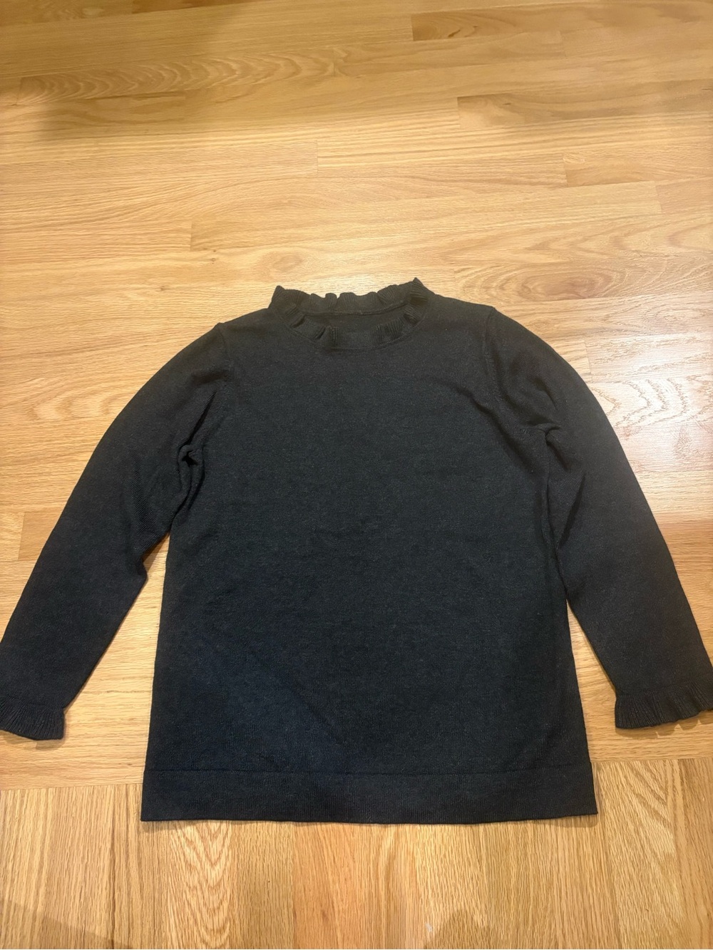 Ann Taylor Deep Grey Ruffle-Neck Sweater 3/4 Ruffle Sleeve Sz S